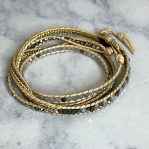 Nakamol Wrap Bracelet Beaded Leather Gold Grey Tan OS